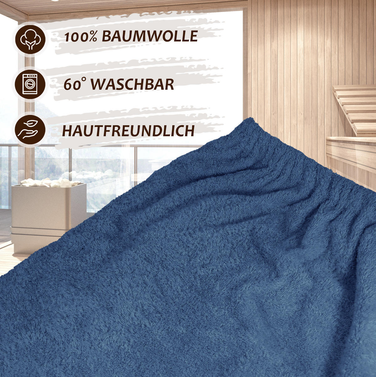 SAUNAKILT Herren Jeansblau, Lima Saunahandtuch mit Klettverschluss - Pastellblau, Textil (140/55cm) - Lashuma