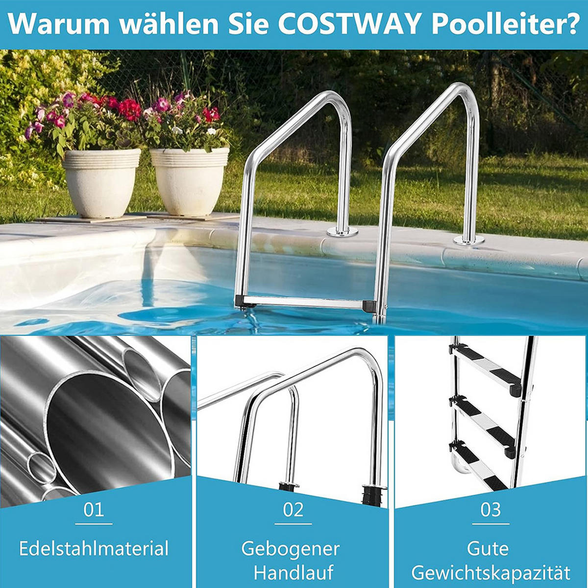 POOLLEITER aus Edelstahl silber - Silberfarben, Metall (53/147/23cm) - COSTWAY