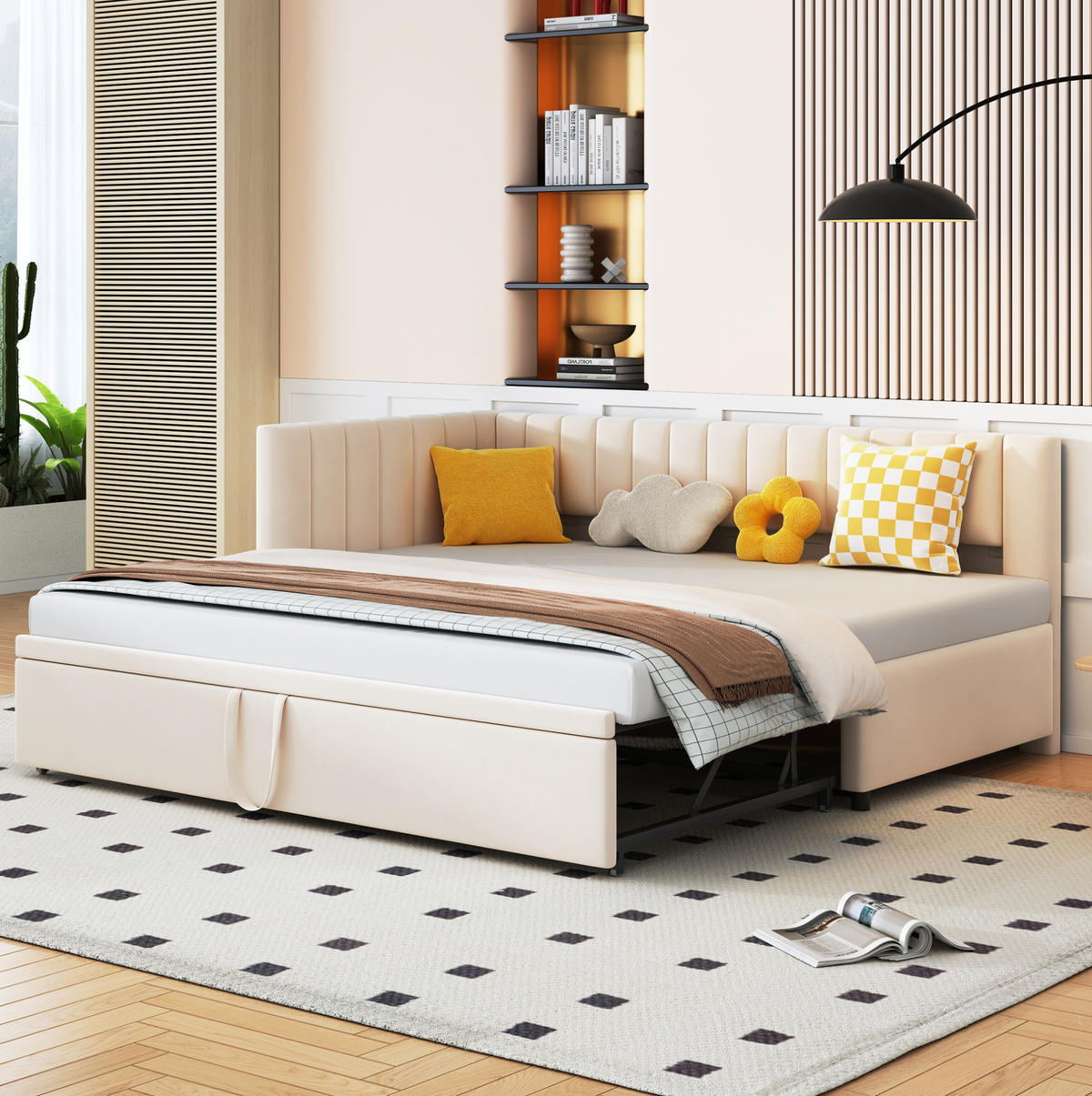 POLSTERBETT 90/200 cm Beige aus Samt mit Ausziehfunktion - Beige, Textil (90/180cm) - OKMYHOME