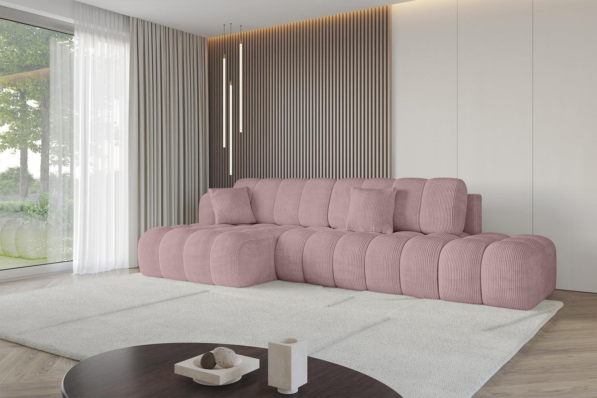 ECKSOFA mit Schlaffunktion Ottomane Links OLEA-L2 321x164x75 Rosa Cord - Schwarz/Rosa, Holzwerkstoff/Kunststoff (321/164cm) - ALTDECOR