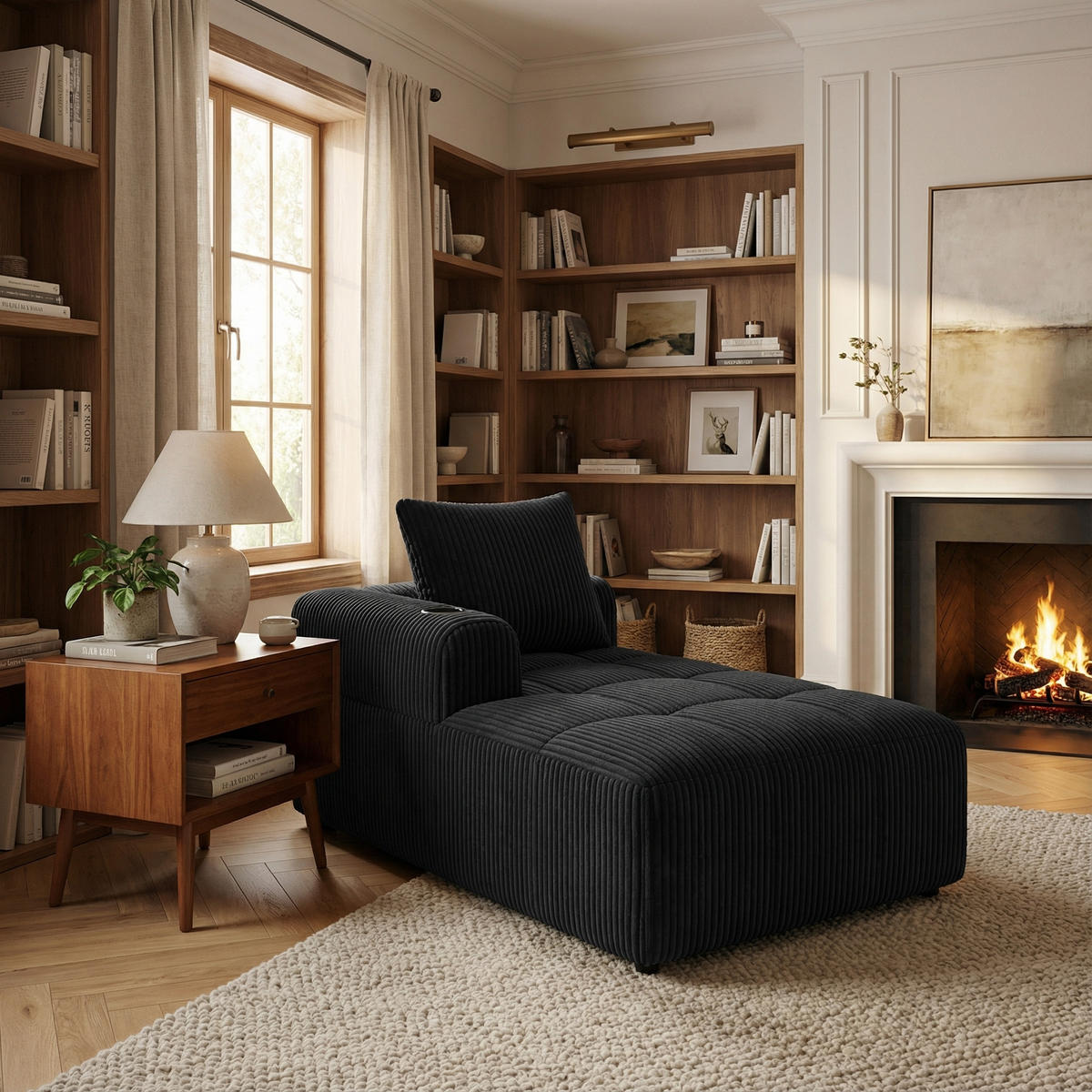 CHAISELONGUE in Cord (158 cm) mit Getränkehalter & Seitentaschen - Schwarz, Textil (158/61/93cm) - Urban Meuble