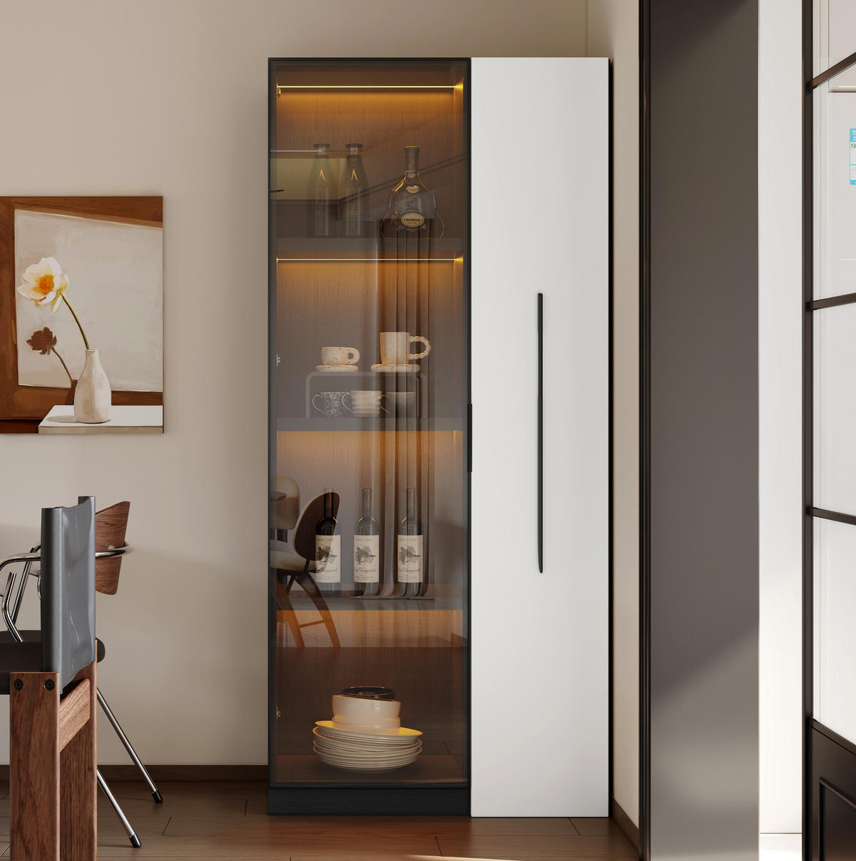 HIGHBOARD 70/40/160 cm in Schwarz/Weiß mit LED-Beleuchtung und seitlichem Auszug - Schwarz, Holzwerkstoff (70/160/40cm) - Flora Grace