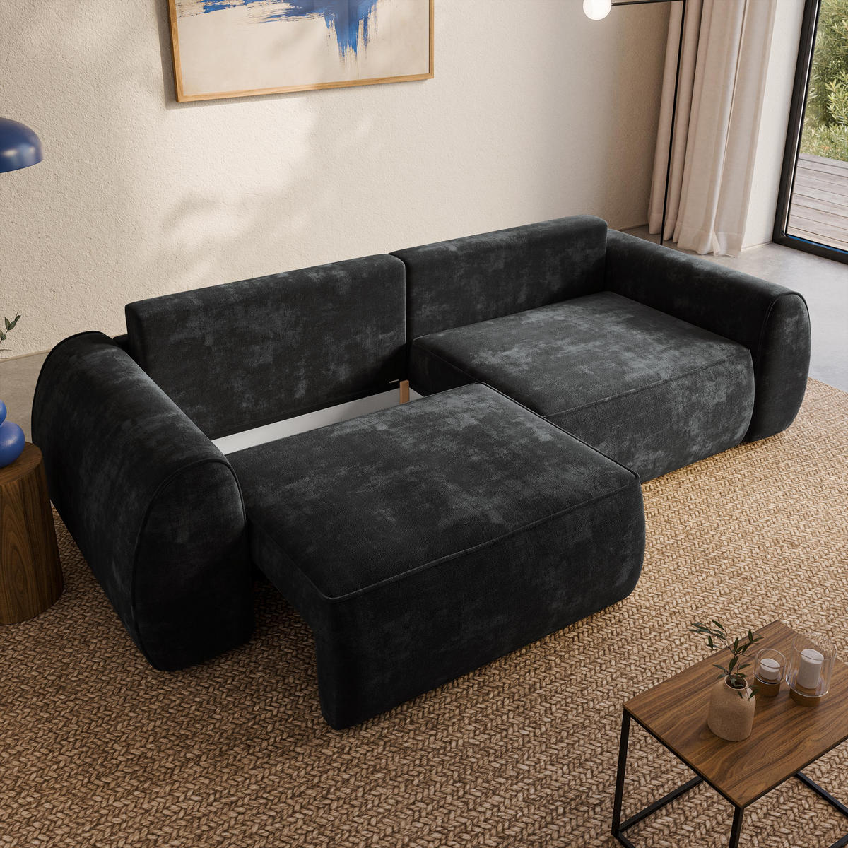 BETTSOFA ZEFEO Schwarz Chenille-Stoff mit Schlaffunktion - Schwarz, Textil (264/96/106cm) - MASSENO