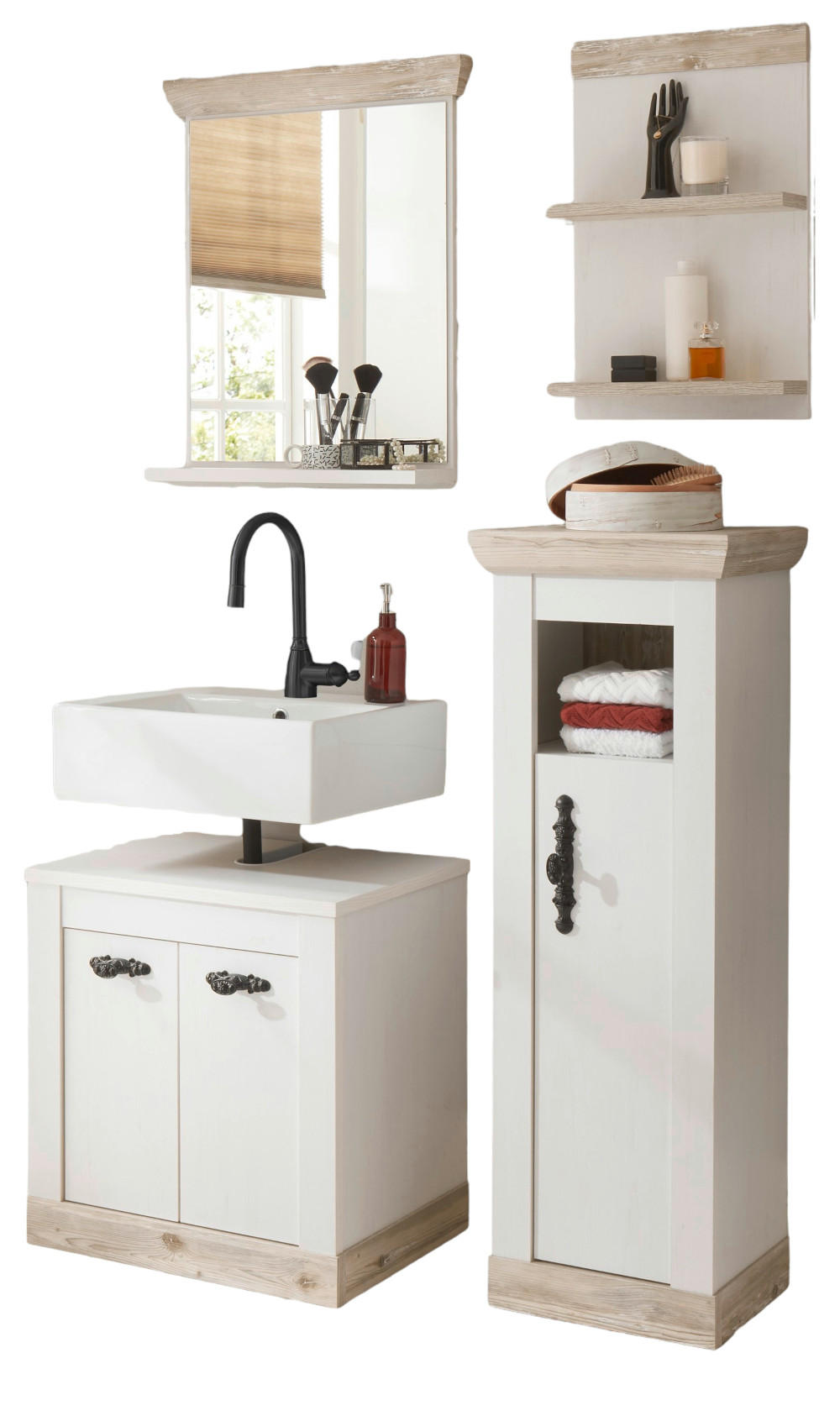 BADKOMBINATION Pinie weiß, Oslo Pinie Landhaus, Badmöbel Set 4-tlg., 122 x 200 cm - Dunkelgrau/Weiß, Holzwerkstoff/Metall (122/200/46cm) - Furn.Design