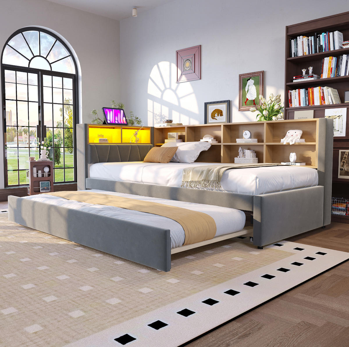 BETT 90/200 cm mit 90/190 cm Ausziehbett, LED, USB-C und Steckdose, Flanell, Dunkelgrau - Dunkelgrau, Textil (90/190cm) - Redom