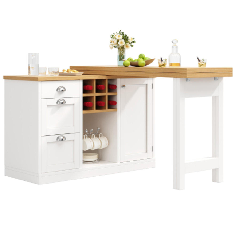KÜCHENINSEL 120-197×40×74 cm aus MDF mit 360° drehbaren Tischpaneelen, Weinregal und vielfältigem Stauraum, weiß - Weiß, Holzwerkstoff (197/74/40cm) - Luhomfu