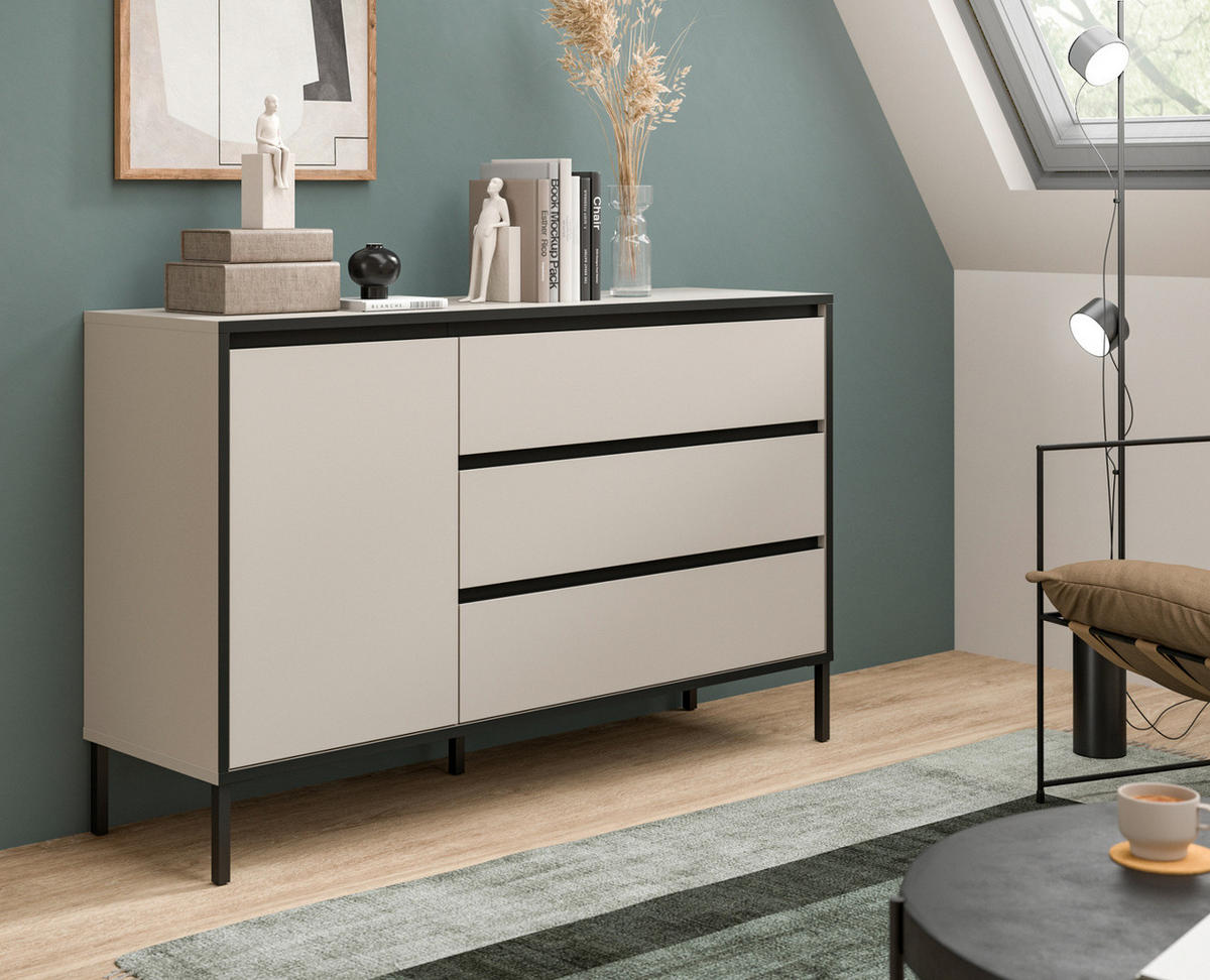 SIDEBOARD Sand / Kaschmir mit Schwarz, Kommode mit 3 Vollauszug-Schubkästen 163 x 83 cm - Sandfarben/Kaschmir, Holzwerkstoff/Metall (136/83/38cm) - Inn.Furn