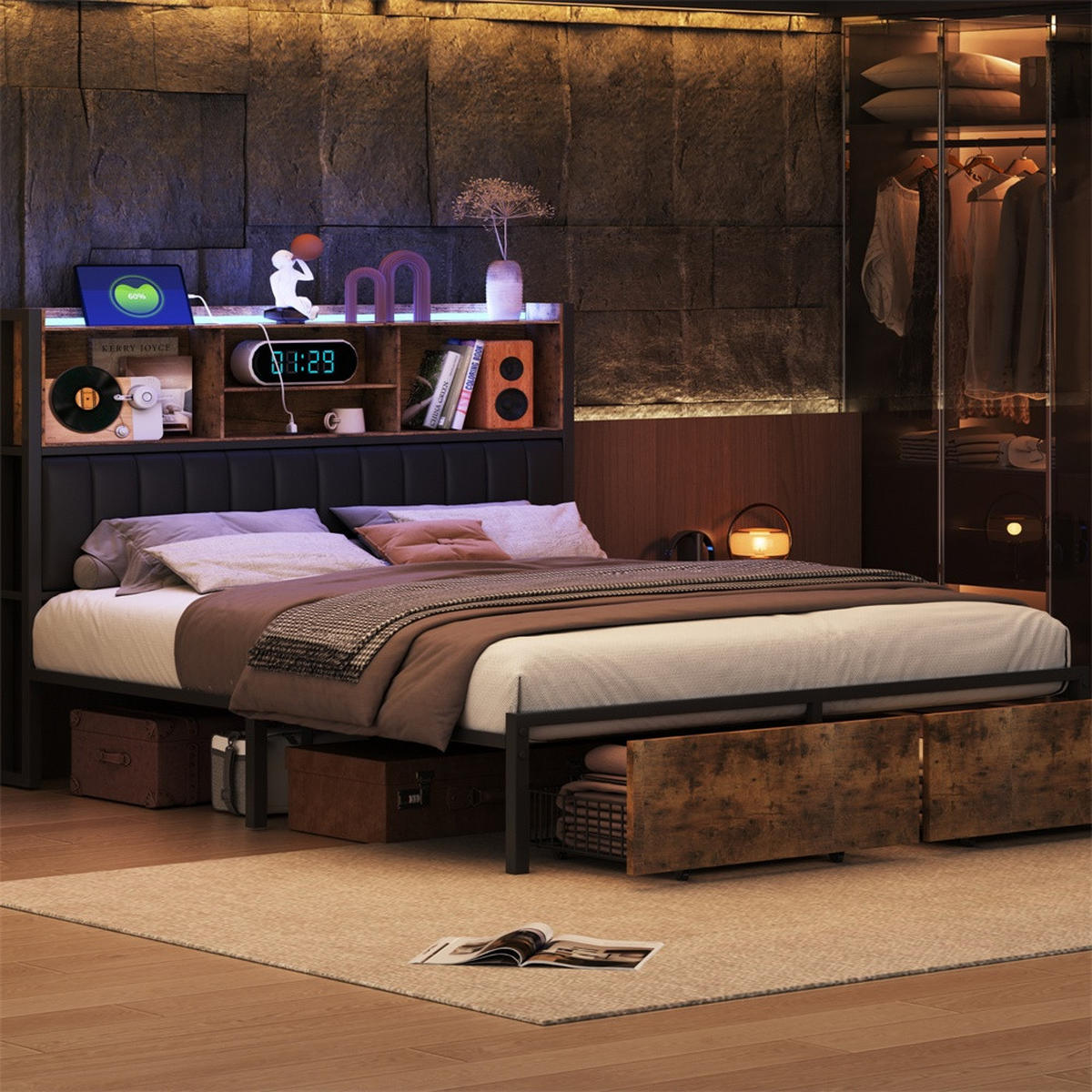 METALLBETT 160 x 200 cm mit 2 Schubladen - Kopfteil-Ablage mit LED-Beleuchtung und USB-Anschlüsse - Braun-Schwarz - Braun, Metall (160/200cm) - DELFA