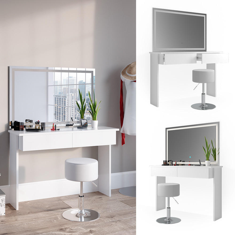 SCHMINKTISCH Azur Weiß 120 cm mit LED-Spiegel und Hocker - Weiß, Holzwerkstoff (120/83/40cm) - Vicco