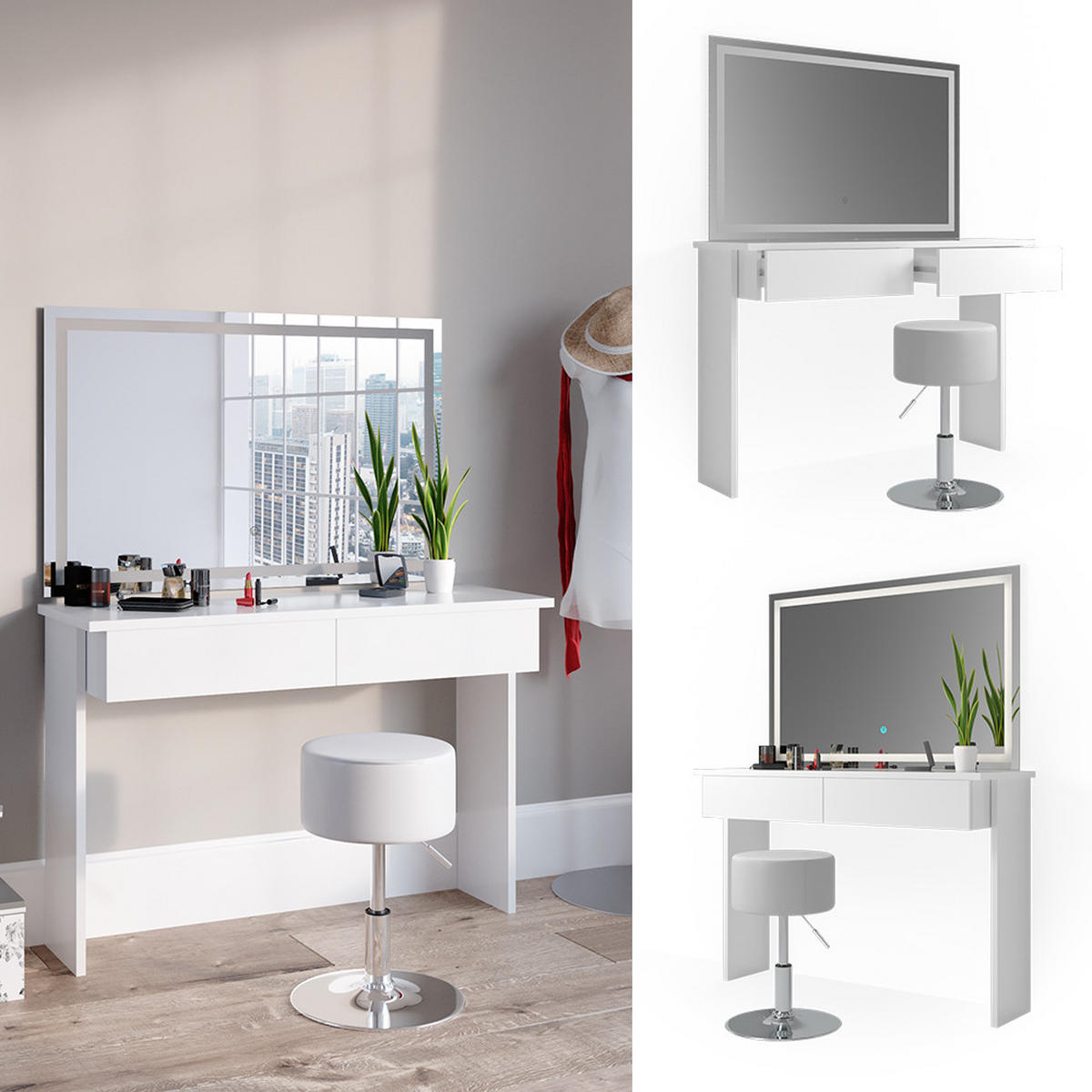 SCHMINKTISCH Azur Weiß 120 cm mit LED-Spiegel und Hocker - Weiß, Holzwerkstoff (120/83/40cm) - Vicco