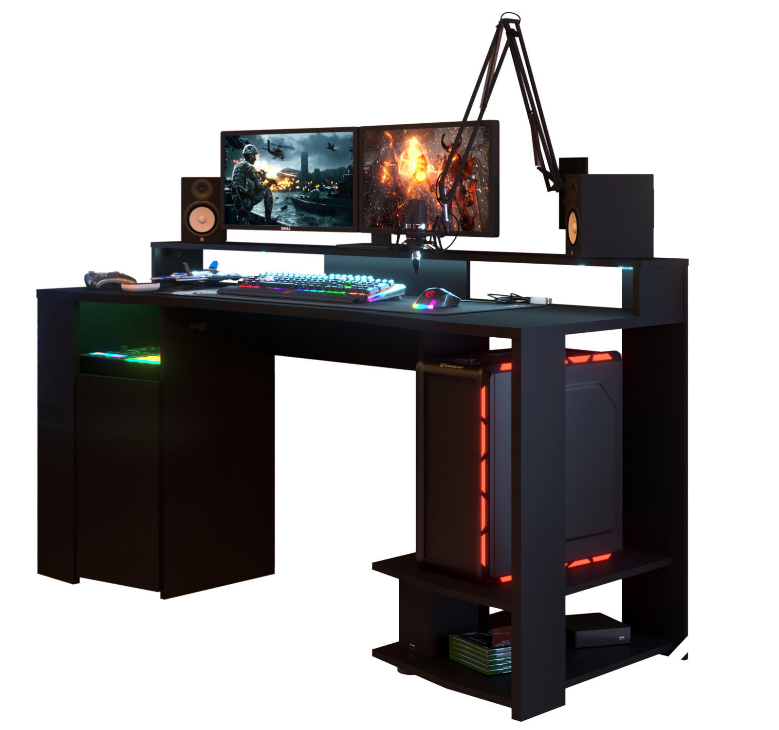 GAMINGTISCH schwarz, mit Monitorpodest und LED Beleuchtung - Schwarz, Holzwerkstoff (62/152/87cm) - Parisot Meuble