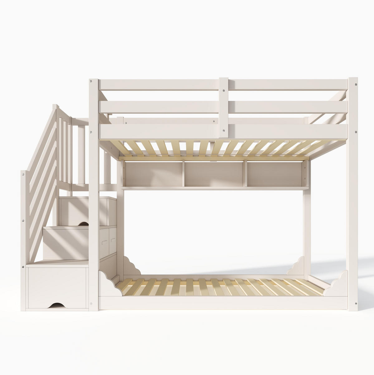 ETAGENBETT 90/200 cm aus Holz mit Treppenschrank, Stauraum und Sicherheitsgeländer, Weiß - Weiß, Holzwerkstoff (90/200cm) - Redom