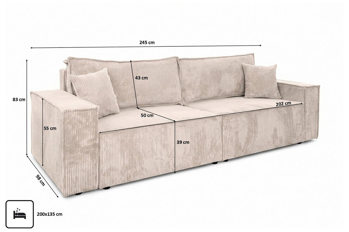 SOFA Mit Schlaffunktion Und Bettkasten, Cordstoff Poso, Beige, BEST SCORNER - Creme, Holz (245/83/90cm) - Kaiser Möbel