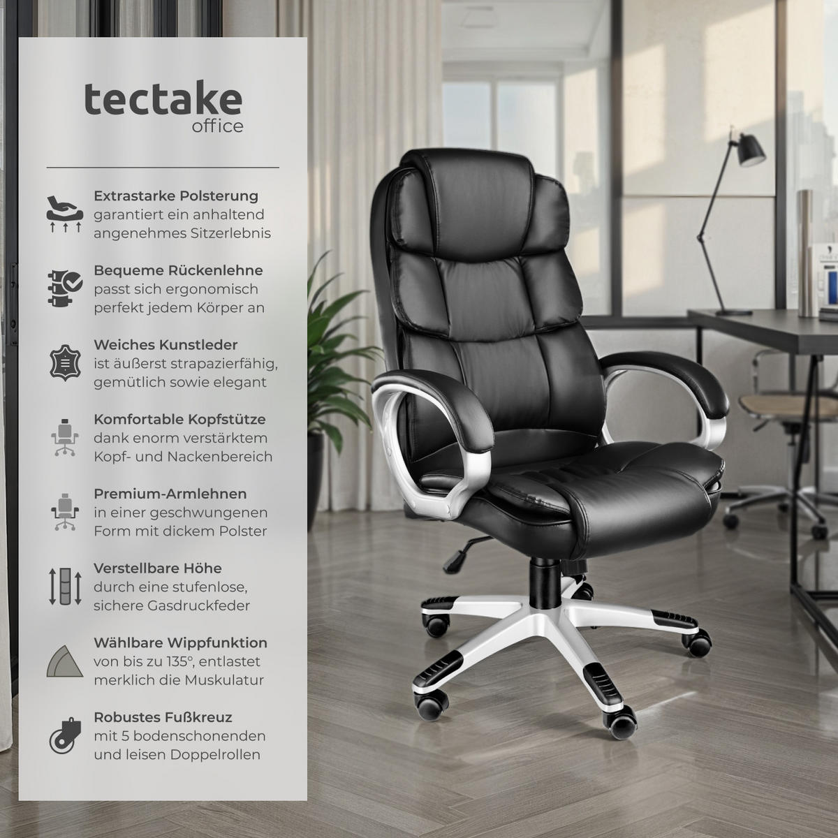 BÜROSTUHL Jonas, einstellbare Wippfunktion, schwarz - Schwarz, Textil (70/123/71cm) - tectake