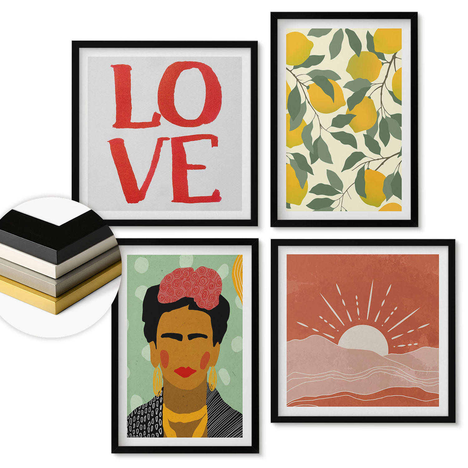 WANDBILDER 4er-Set - 50x50 cm & 40x60 cm Schwarzer Rahmen - Zitronen Inschrift Liebeslandschaft Frida - Schwarz, Kunststoff (50/50cm) - ArtPrintCave