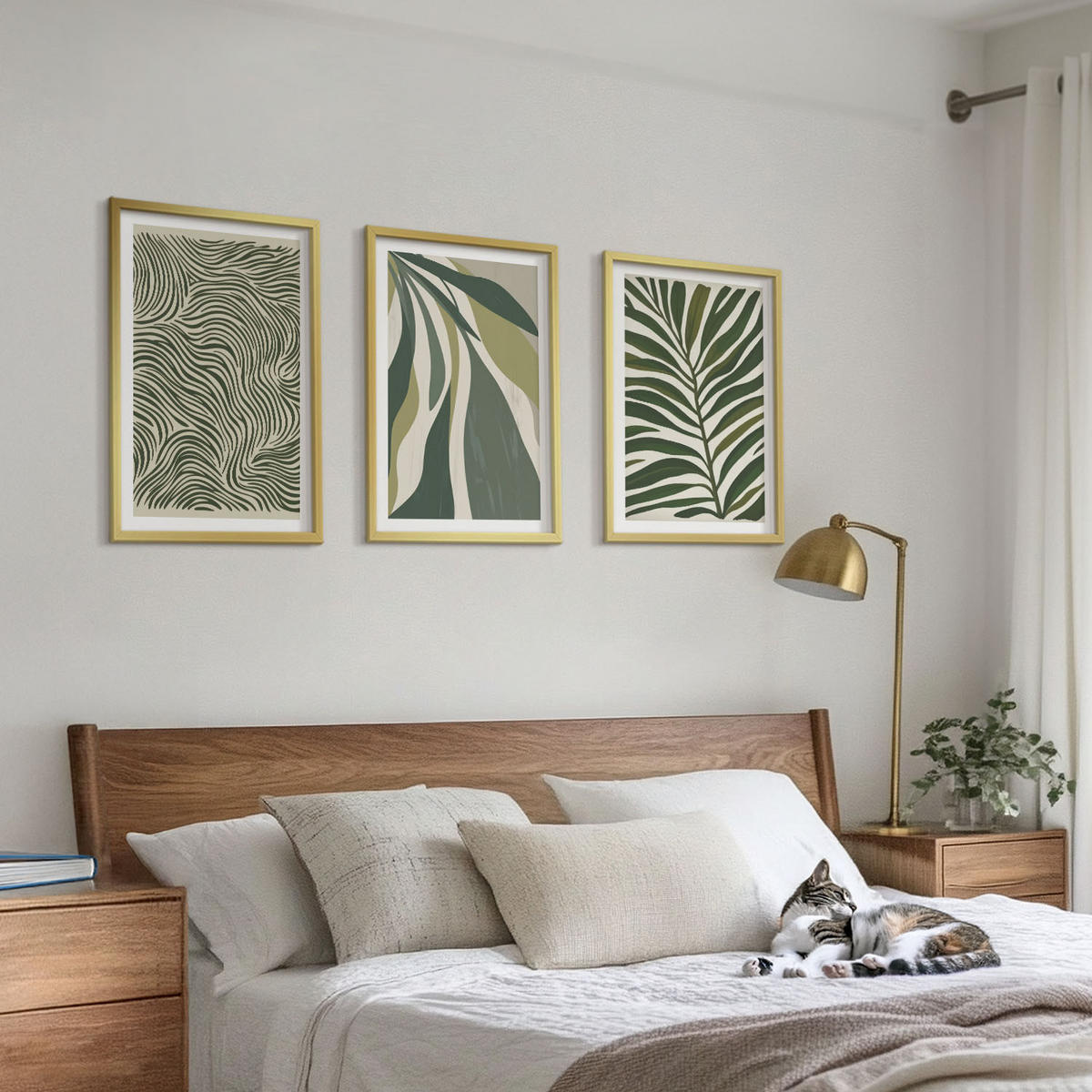 BILDER SET 3er Set - 40x60 cm Goldrahmen - Blätter mit wellenförmigen grünen Linien - Goldfarben, Kunststoff (40/60cm) - TULUP