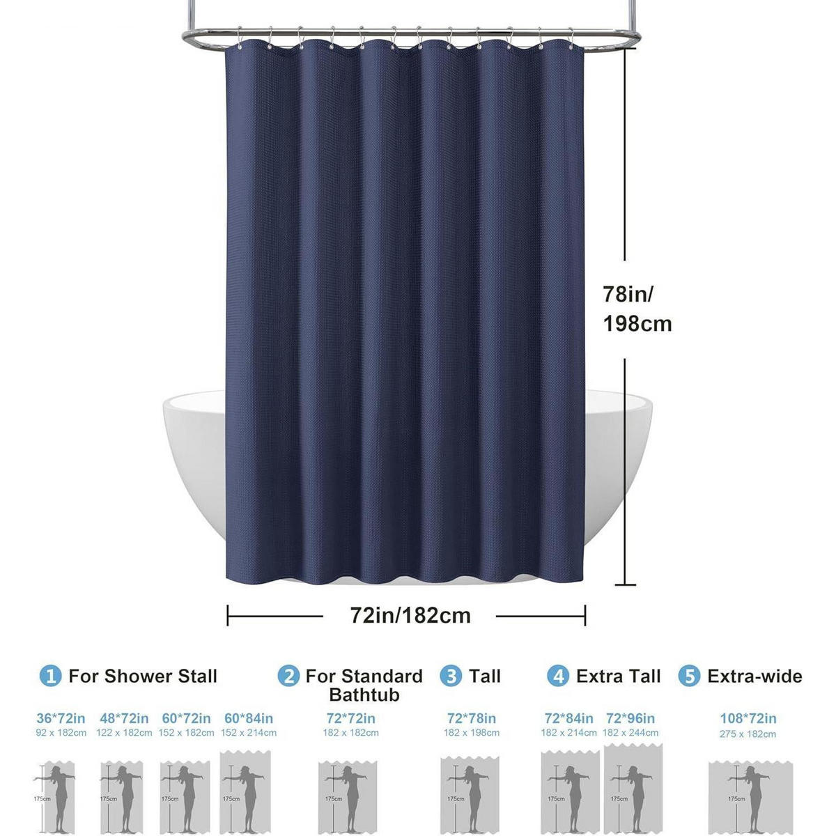 DUSCHVORHANG Waffel Stoff Marineblau 182 x 198 cm - Dunkelblau, Textil (182/198cm)