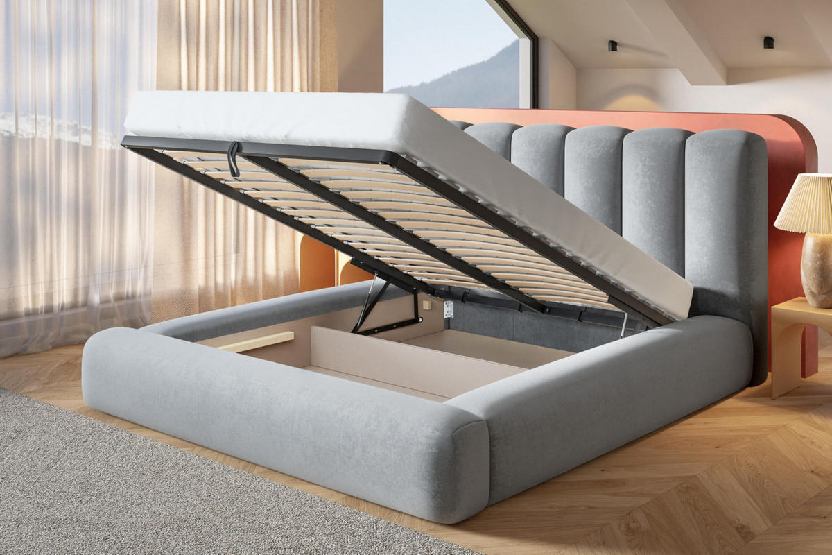 BETT 140x200 - Polsterbett mit Bettkasten und Metallrahmen - Modern Bett - Eleganter Catch Me-Stoff - Kollektion Alva Maxi - Weiß - Weiß, Holz/Textil (140/200cm) - Alpi-Möbel