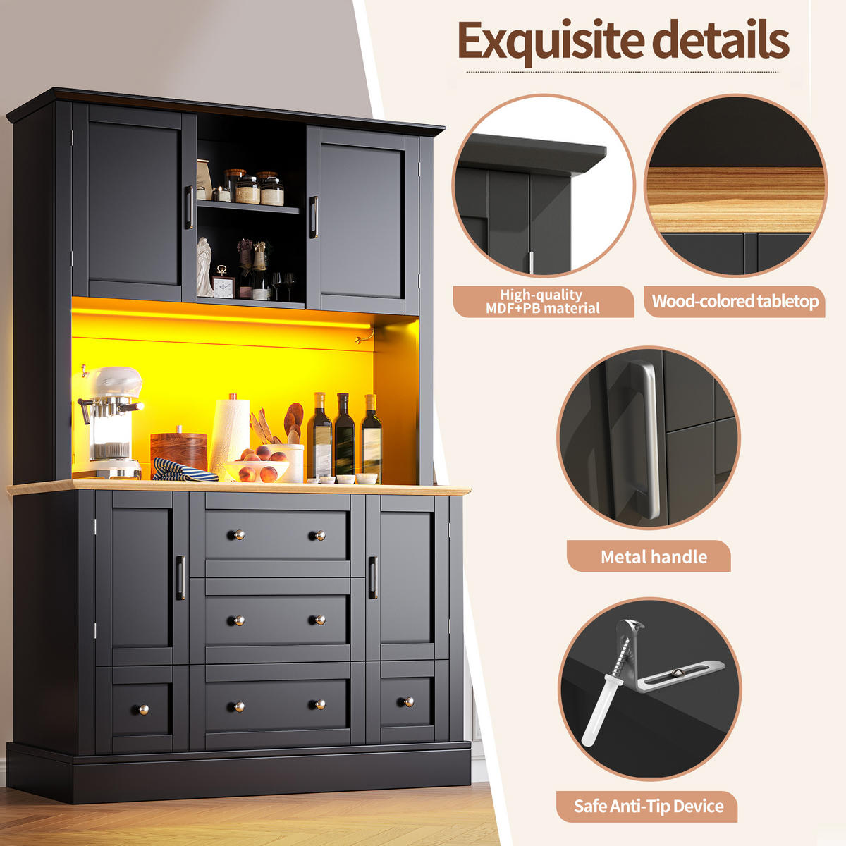 BUFFET 115x40x180cm LED 4 Türen 5 Schubladen - Multicolor, Holzwerkstoff (115/180/40cm) - FLIEKS