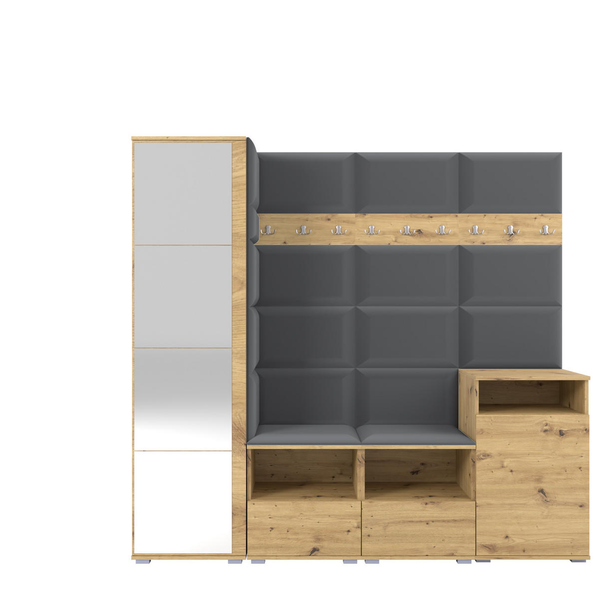 GARDEROBE NELA X 200 cm (Modulare Flurmöbel Artisan Eiche mit Spiegel & Sitzpolster Dunkelgrau 15 Schrank + Sideboard) - Dunkelgrau/Silberfarben, Holz/Holzwerkstoff (200/187/40cm) - Ravio
