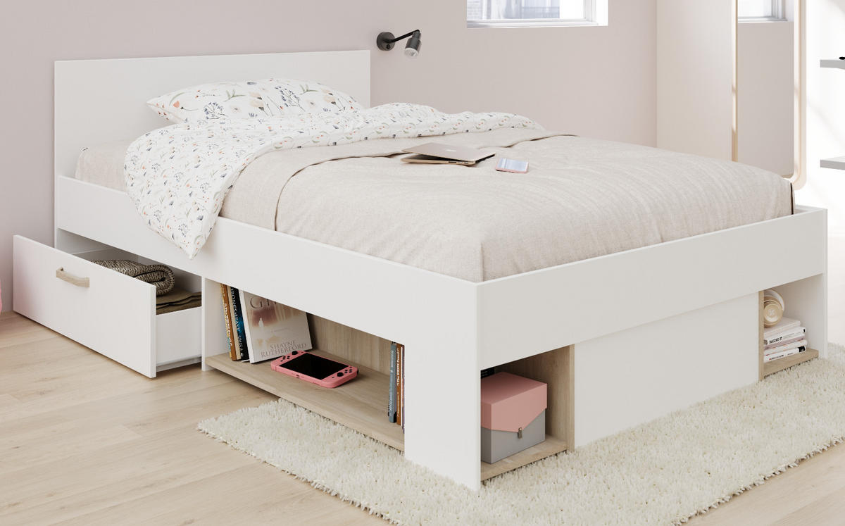 STAURAUMBETT weiß, Eiche Liegefläche 120 x 200 cm, Bett inklusive Bettschubkasten - Eichefarben/Weiß, Holzwerkstoff/Metall (120/200cm) - Parisot Meuble
