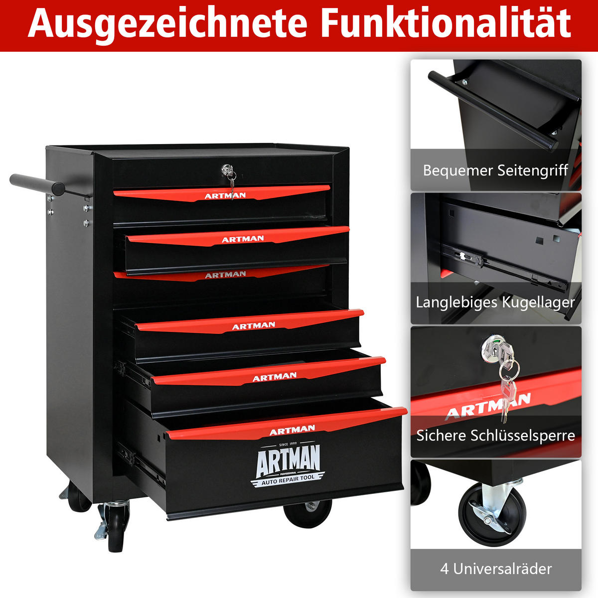 KOMBINATIONS-WERKZEUGSCHRANK – 6 Schubladen – 508 mm (20 Zoll) – Farbgebung: Schwarz und Rot - Multicolor, Metall (33/77.5/60cm) - DCA