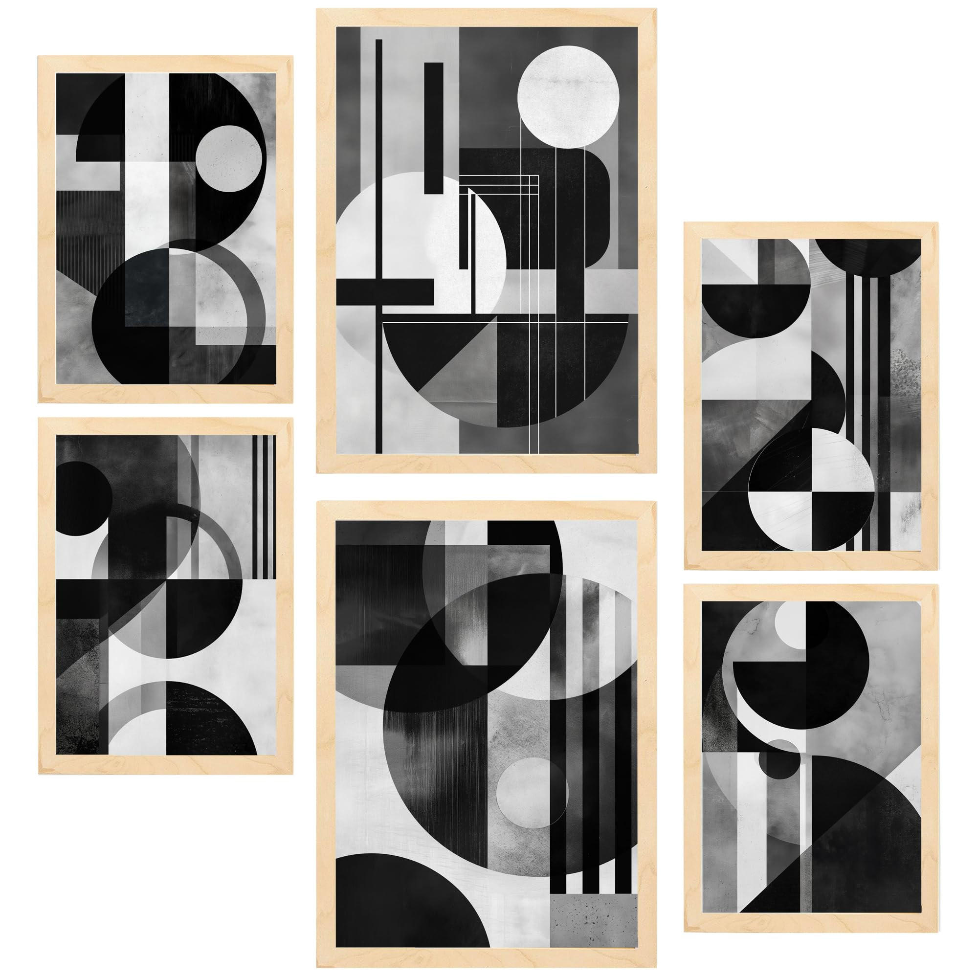 POSTER Set Mit 6 Bauhaus Weiß Schwarz Grau A3 & A4 Rahmen Aus Hellem Holz - Beige, Papier (29/3cm) - Nacnic