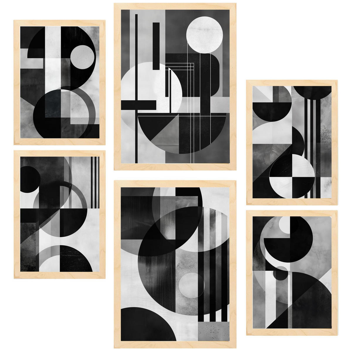 POSTER Set Mit 6 Bauhaus Weiß Schwarz Grau A3 & A4 Rahmen Aus Hellem Holz - Beige, Papier (29/3cm) - Nacnic