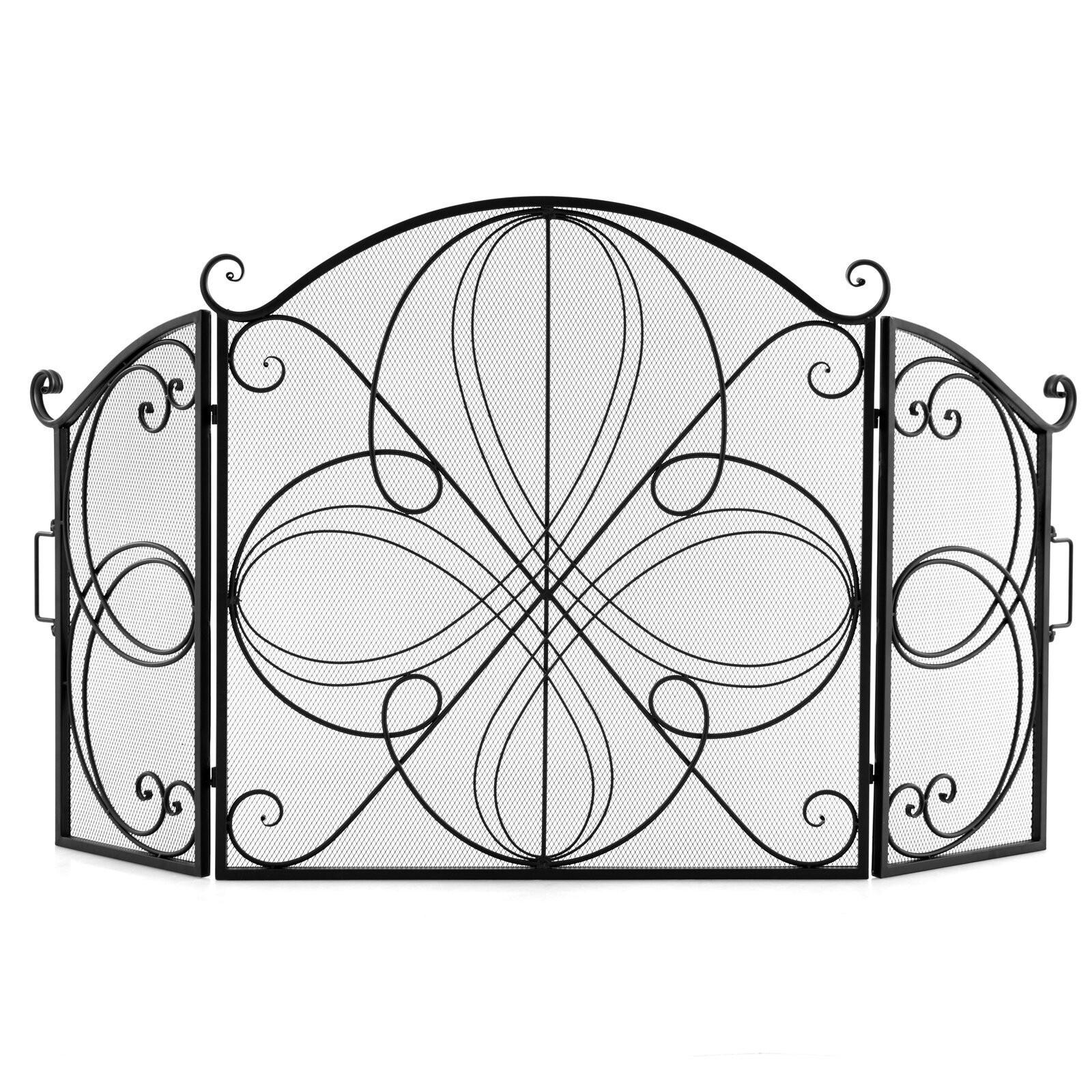 KAMINSCHIRM 83cm Schwarz - Schwarz, Metall (4/83/83cm) - COSTWAY