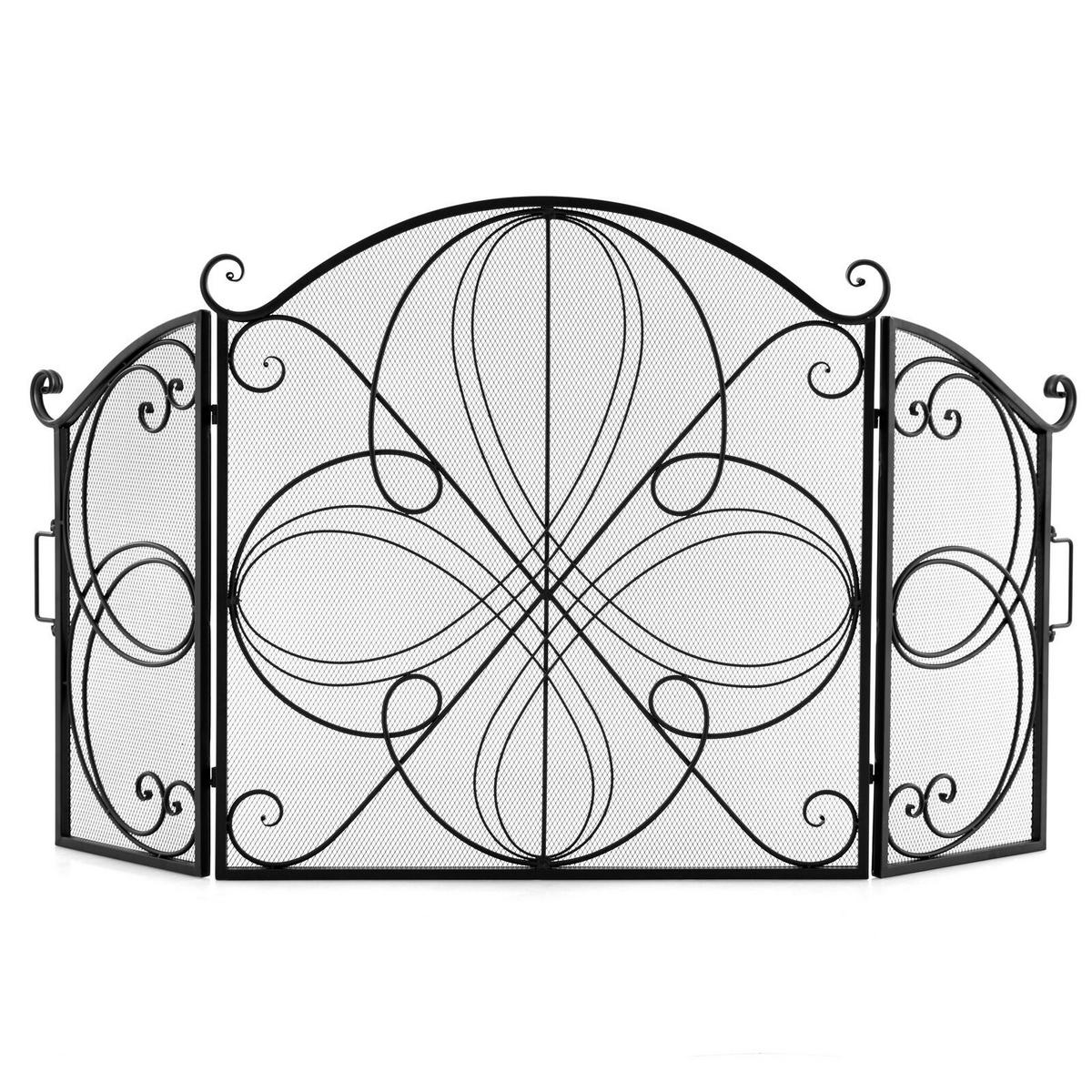 KAMINSCHIRM 83cm Schwarz - Schwarz, Metall (4/83/83cm) - COSTWAY