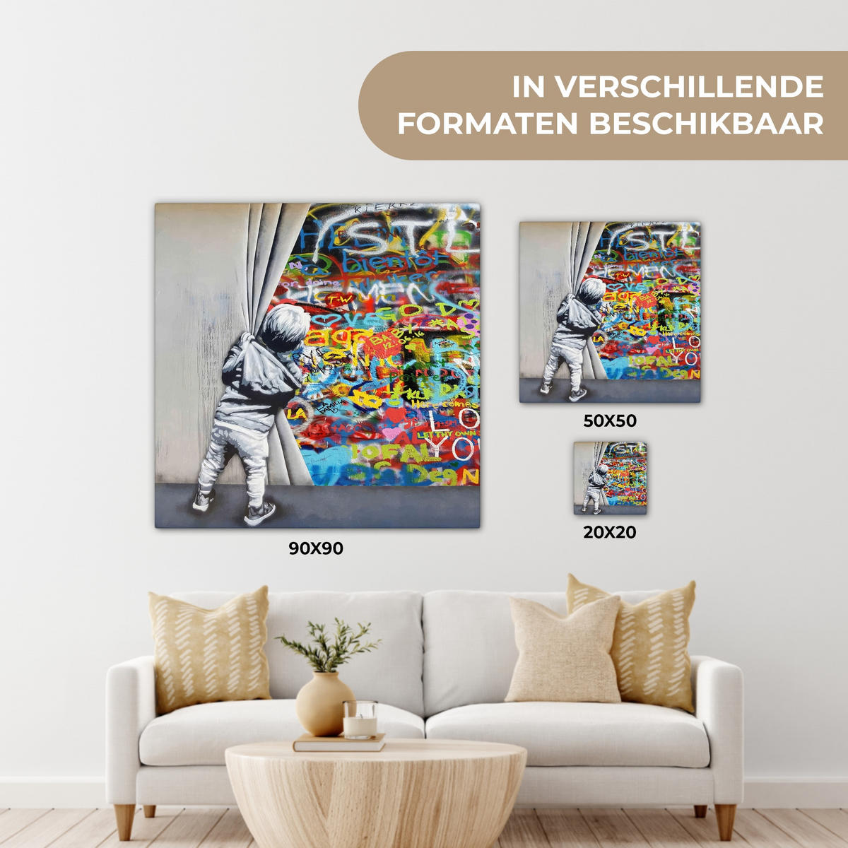 LEINWANDBILD Graffiti - Junge - Ilussie - Straßenkunst Wandbild Wohnzimmer 50x50 cm - Hellgrau, Textil (50/50cm) - MuchoWow