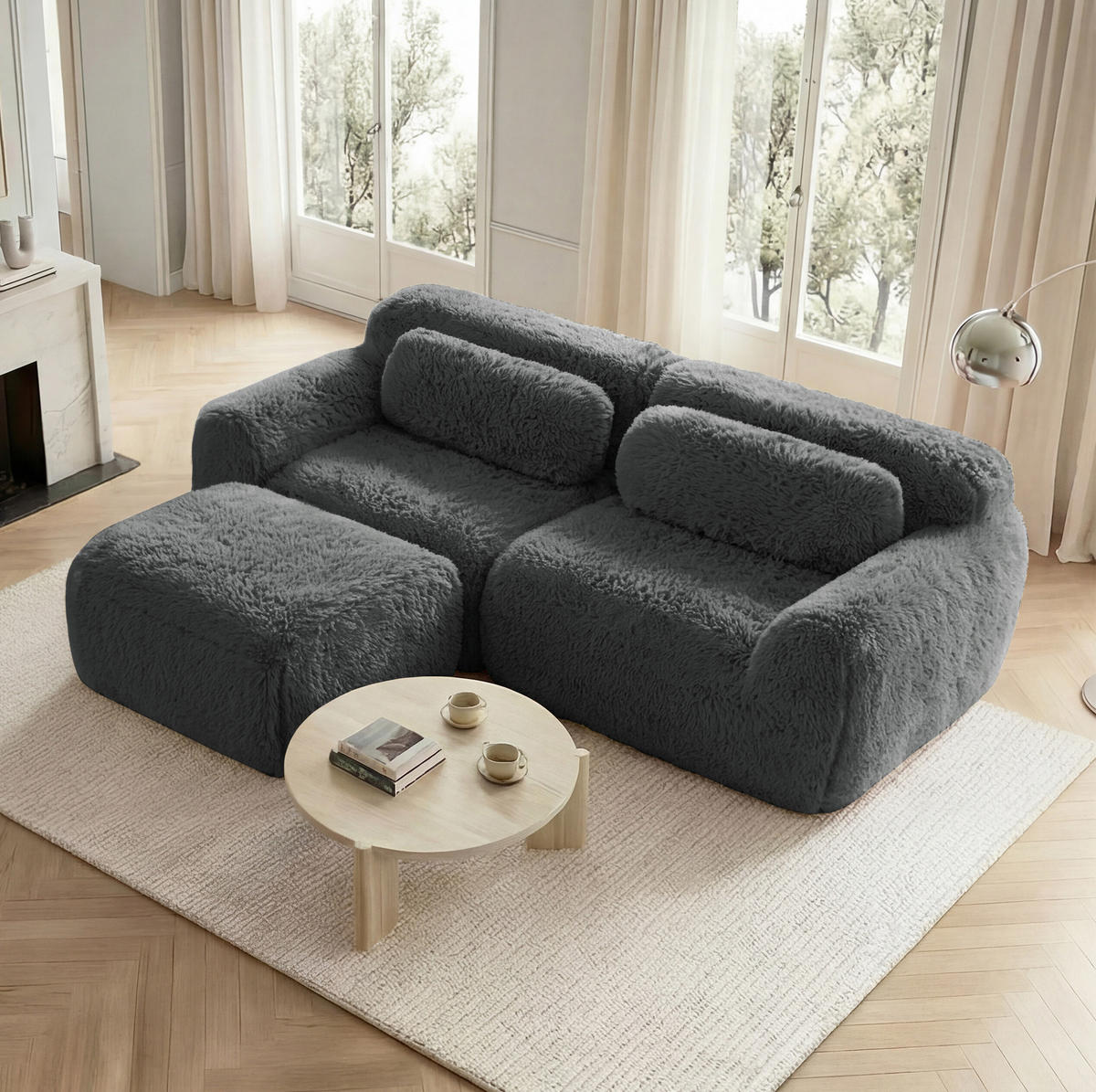 ECKSOFA aus Plüsch in Grau mit Ottoman - Grau, Textil (179/104/204cm) - Modfu