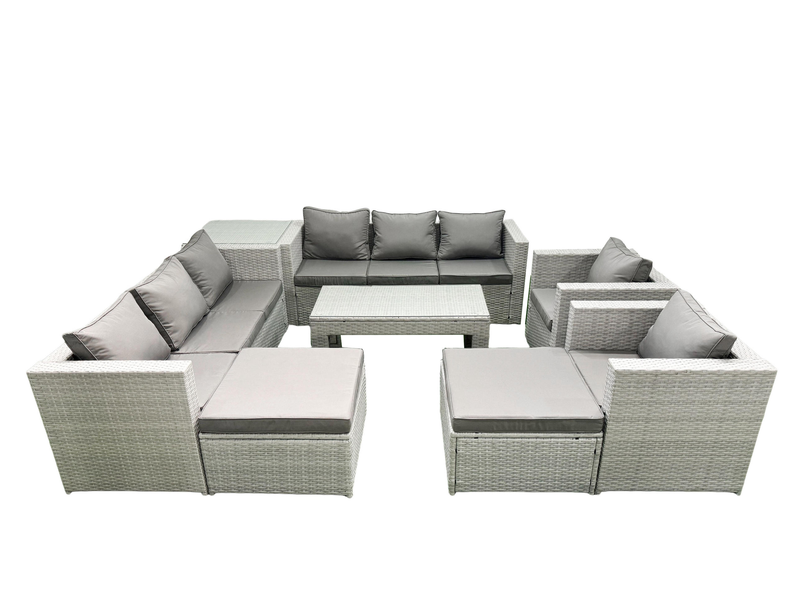 GARTENSOFA hohe Rückenlehne Polyrattan Hellgrau-Mix 10-Sitzer - Hellgrau/Grau, Glas/Kunststoff - Fimous