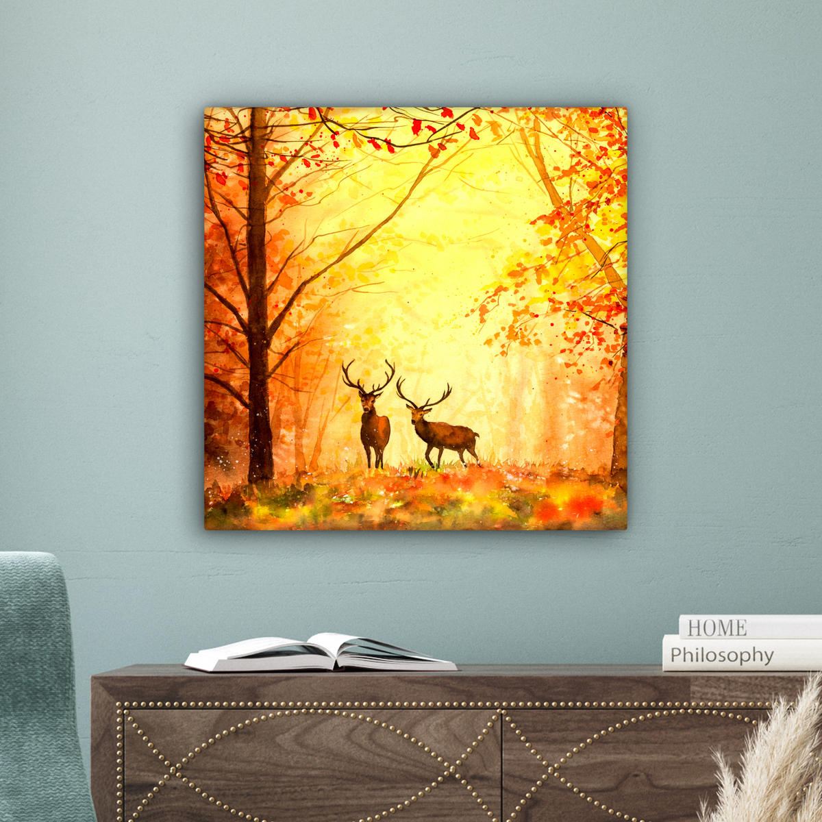 LEINWANDBILD Natur - Ölfarbe - Hirsche - Tiere - Herbst - Orange Wandbild Wohnzimmer 50x50 cm - Orange, Textil (50/50cm) - MuchoWow