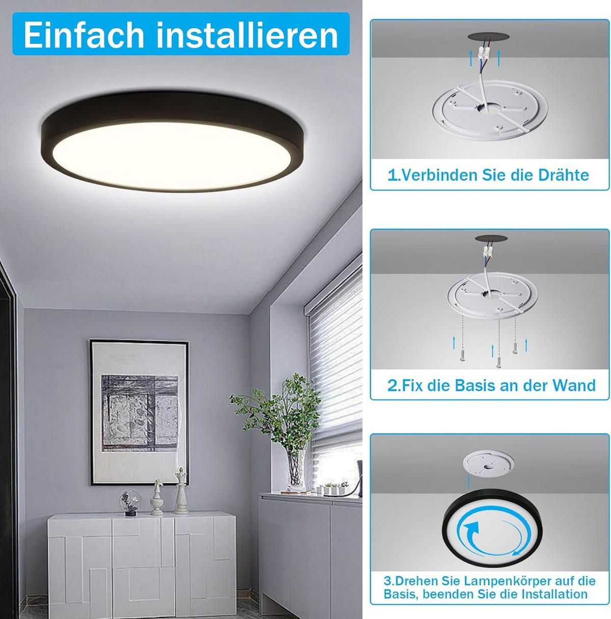 LED-DECKENLEUCHTE Hardy 23/23/3 cm - Schwarz, Kunststoff (23/23/3cm) - Nettlife