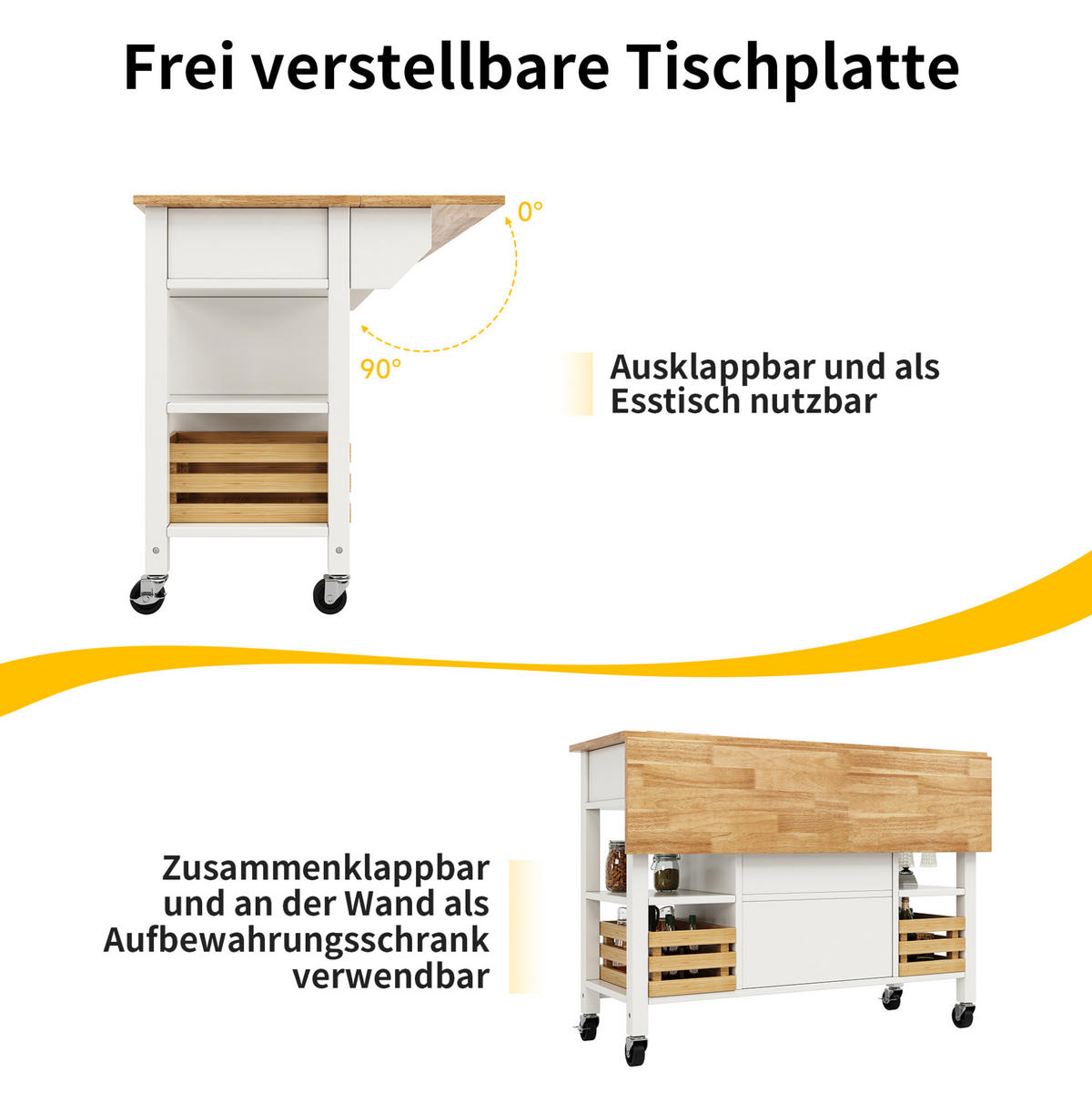 KÜCHENINSEL aus MDF 120x45x90 cm Natur/Weiß mit klappbarer Tischplatte, Rollen und Kiefernkorb - Weiß, Holzwerkstoff (120/90/45cm) - Modfu