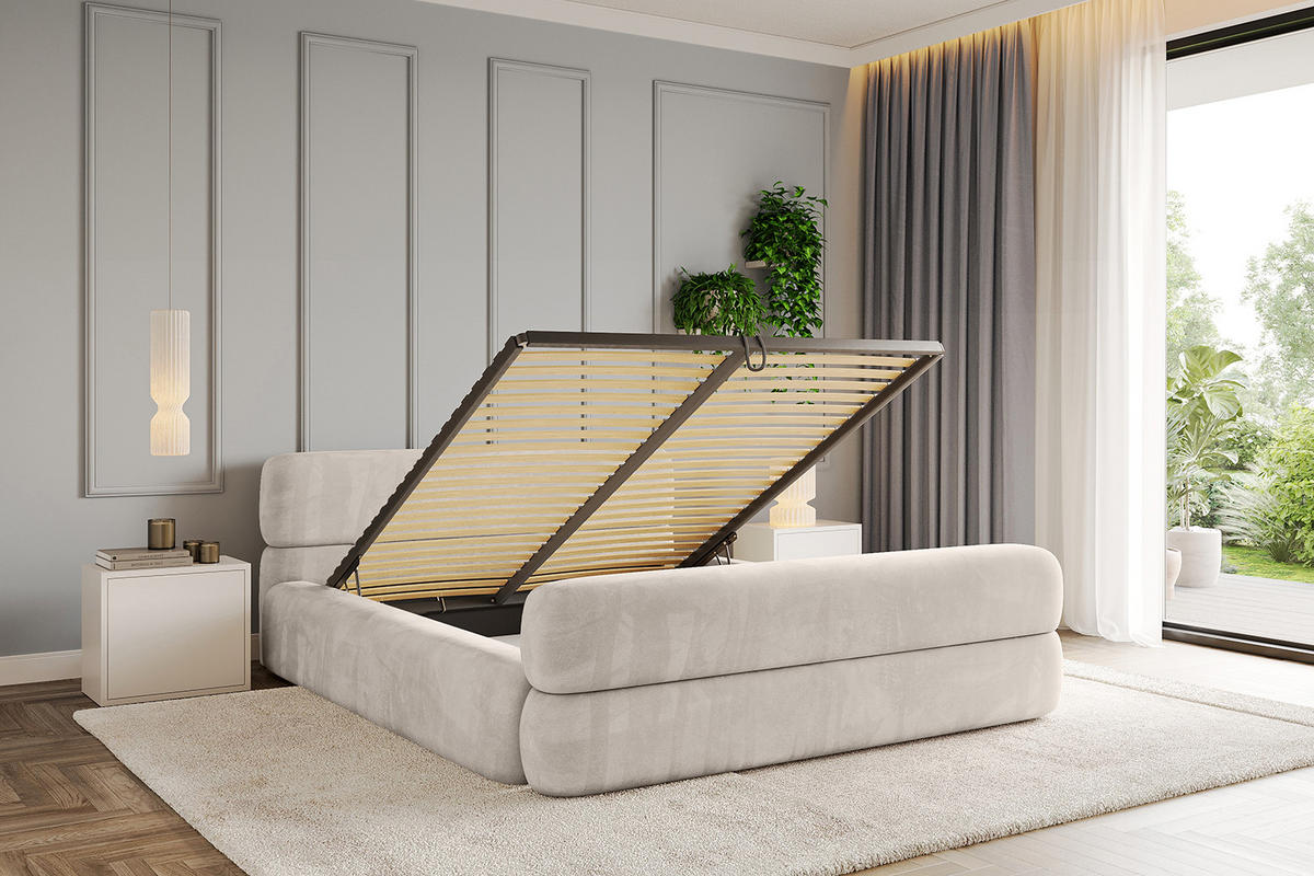 POLSTERBETT mit Bettkasten, Fußteil und Lattenrost, Boxbett mit Matratze H3/H4 - ENORA-Z-V1 120x200 Beige - Beige, Holzwerkstoff/Textil (120/200cm) - ALTDECOR