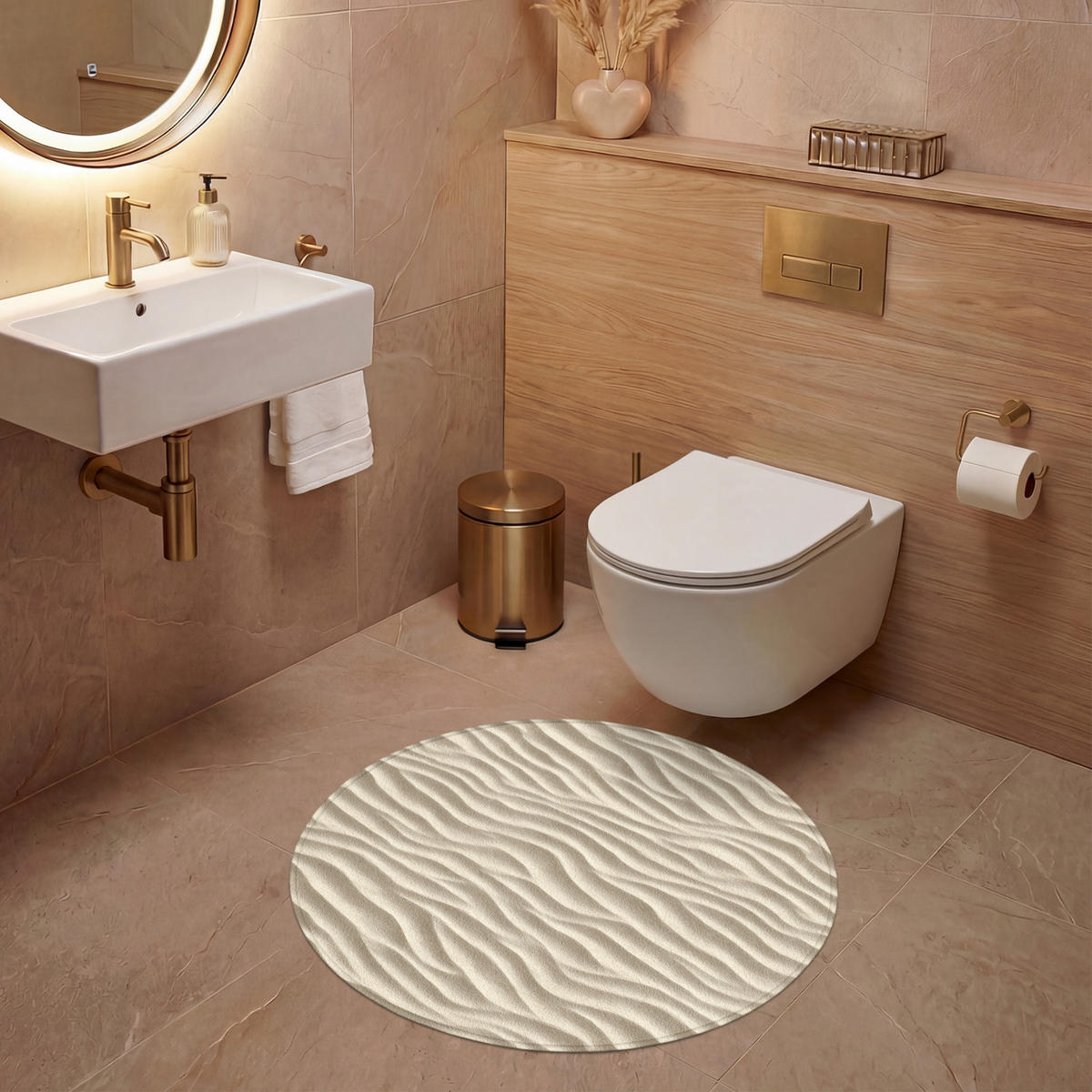 WC-VORLEGER Sand - Wellen - Beige Toilettenteppich 70x70 cm - Beige, Kunststoff/Textil (70/1cm) - OnlyWow