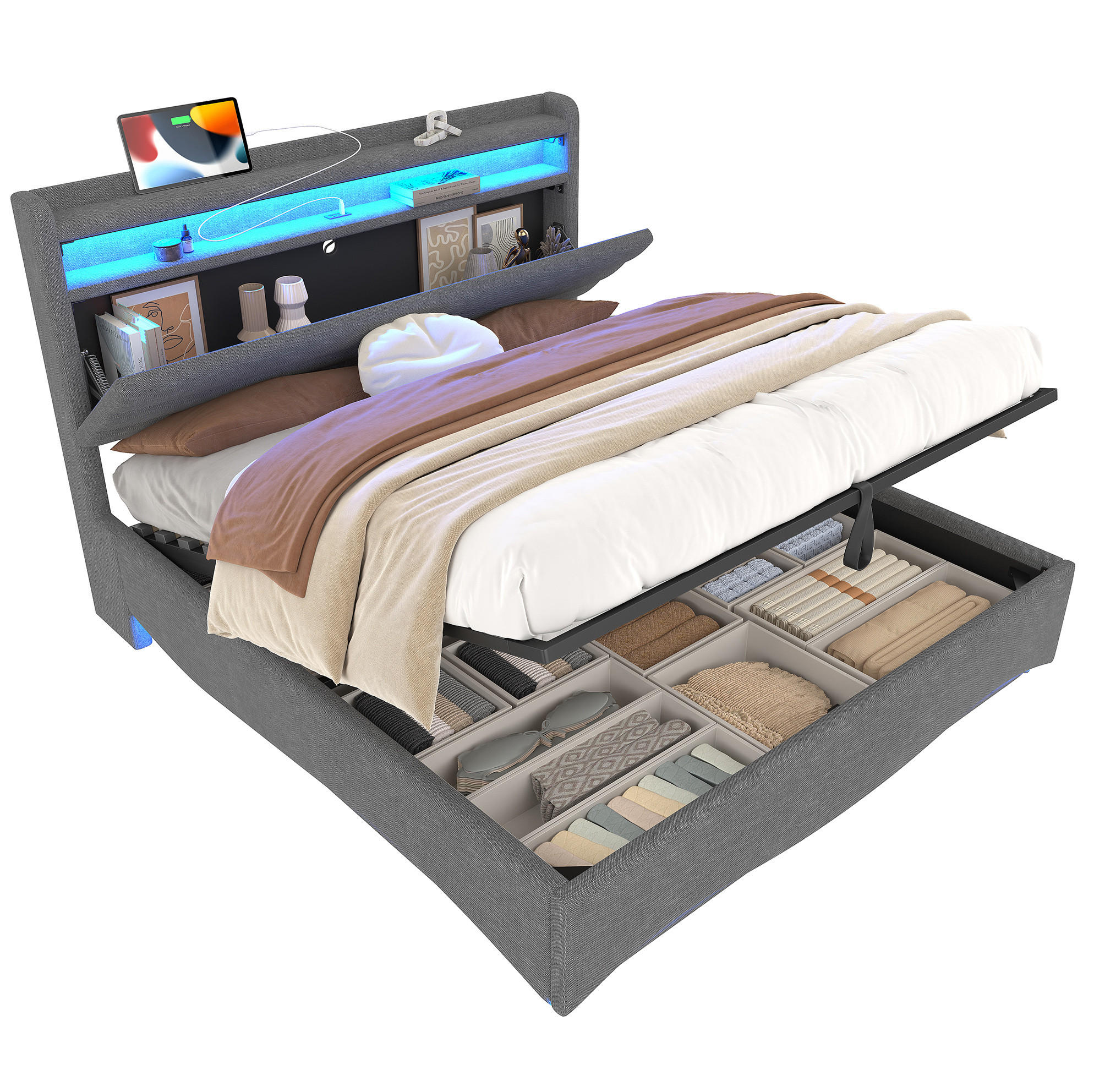 POLSTERBETT mit LED-Beleuchtung 140/200 cm mit Bettkasten & USB-C - Beige, Textil (140/200cm) - BEAOK