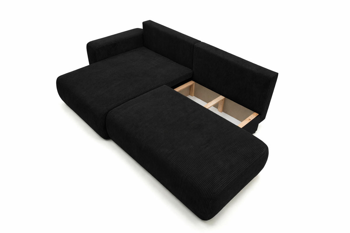ECKSOFA Mit Schlaffunktion Und Bettkasten, Cordstoff Poso, Schwarz, Links, OPEN XL - Schwarz, Holz (262/145cm) - Kaiser Möbel