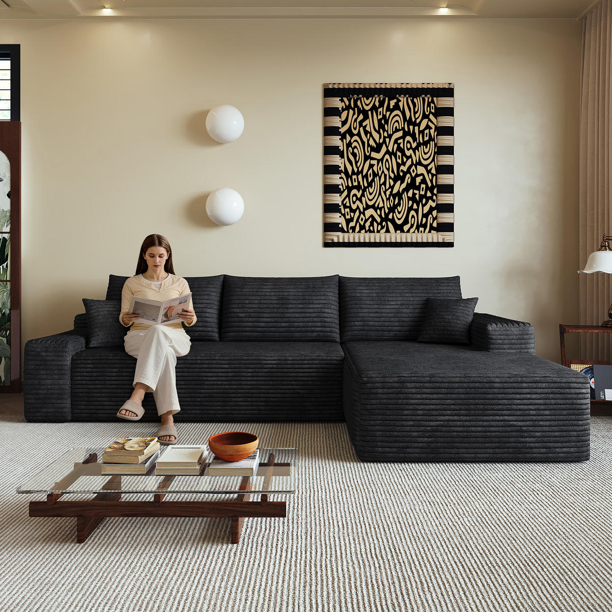 ECKSOFA 270/175/83 cm Schwarz Cord mit Chaiselongue, Rechte Seite - Schwarz, Textil (270/175cm) - Oxeza