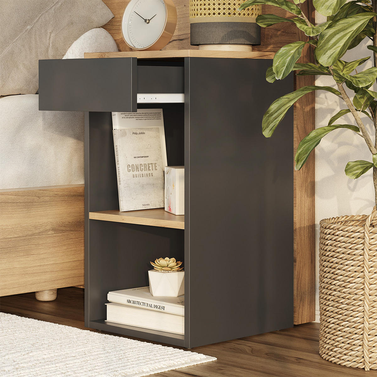 NACHTTISCH Dany Anthrazit 35 x 65 cm mit 1 Schublade - Honigeiche/Anthrazit, Holzwerkstoff (35/65/35cm) - Vicco