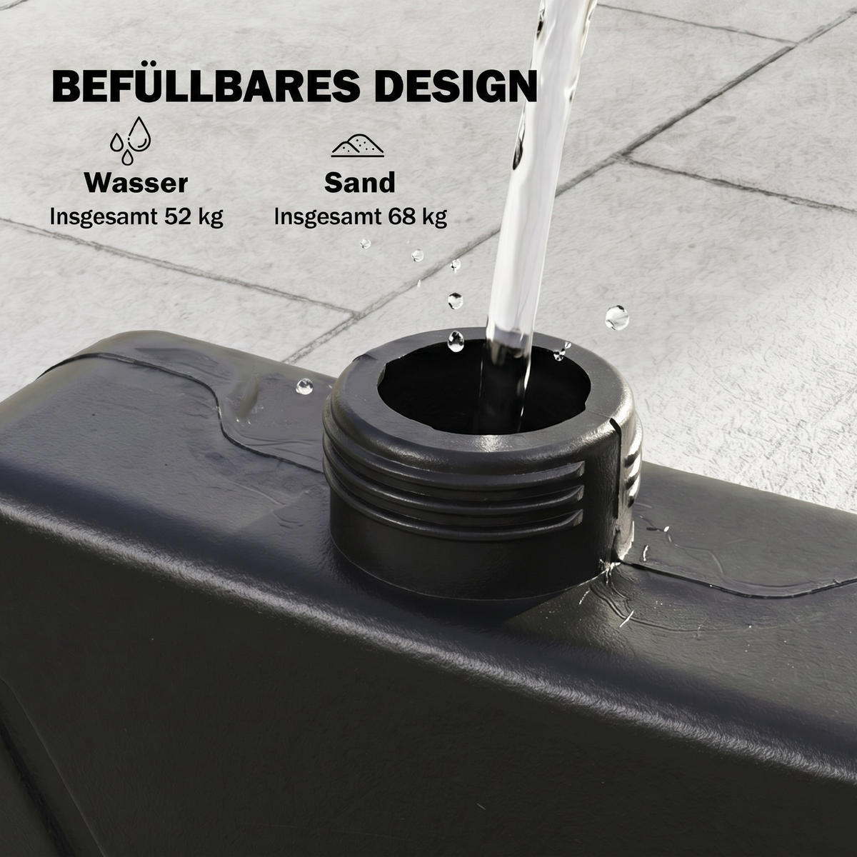 SONNENSCHIRMGEWICHT wetterfest, mit 52 kg Wasser oder 68 kg Sand befüllbar, HDPE, Schwarz - Schwarz, Kunststoff (100/100cm) - Outsunny