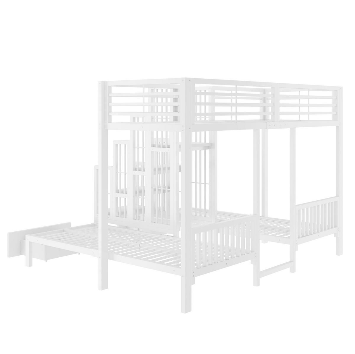 ETAGENBETT aus Metall und Holz 90x200 cm Weiß mit Treppe, Sicherheitsgeländern und 2 Schubladen - Weiß, Metall (90/200cm) - Modfu