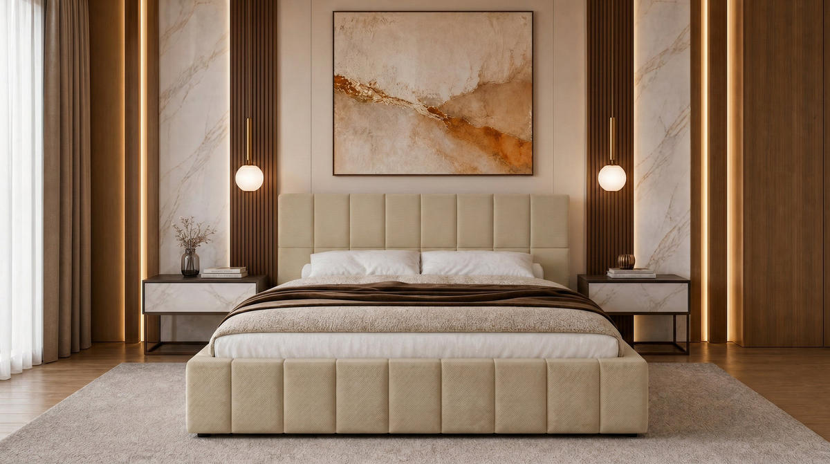 POLSTERBETT 180x200 cm, Alma, Doppelbett mit Bettkasten, Lattenrost aus Holz, Velourstoff, Creme - Creme, Holz/Kunststoff (180/200cm) - Marpur