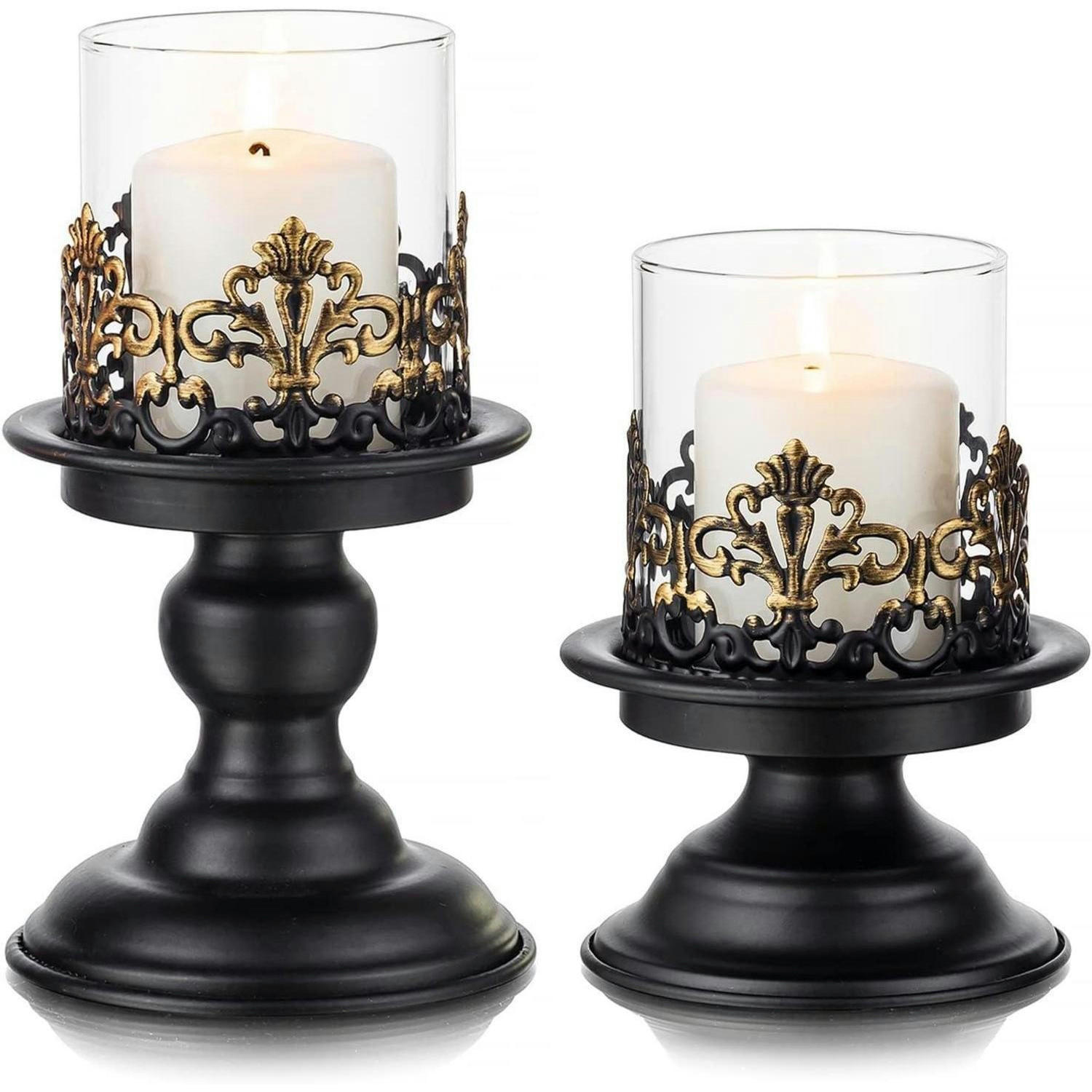 KERZENSTÄNDER 2-teiliges Set Metall Schwarz Matt mit Glas-Hurrikan - Multicolor, Metall (11.5/16/11.5cm)