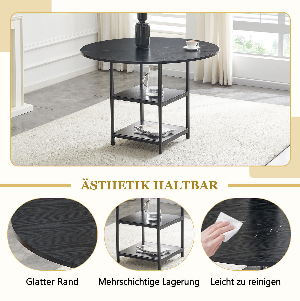 ESSTISCH-SET 4er-Set rund 107 cm Schwarz MDF Metall - Schwarz, Metall (107/75/107cm) - Meubliv