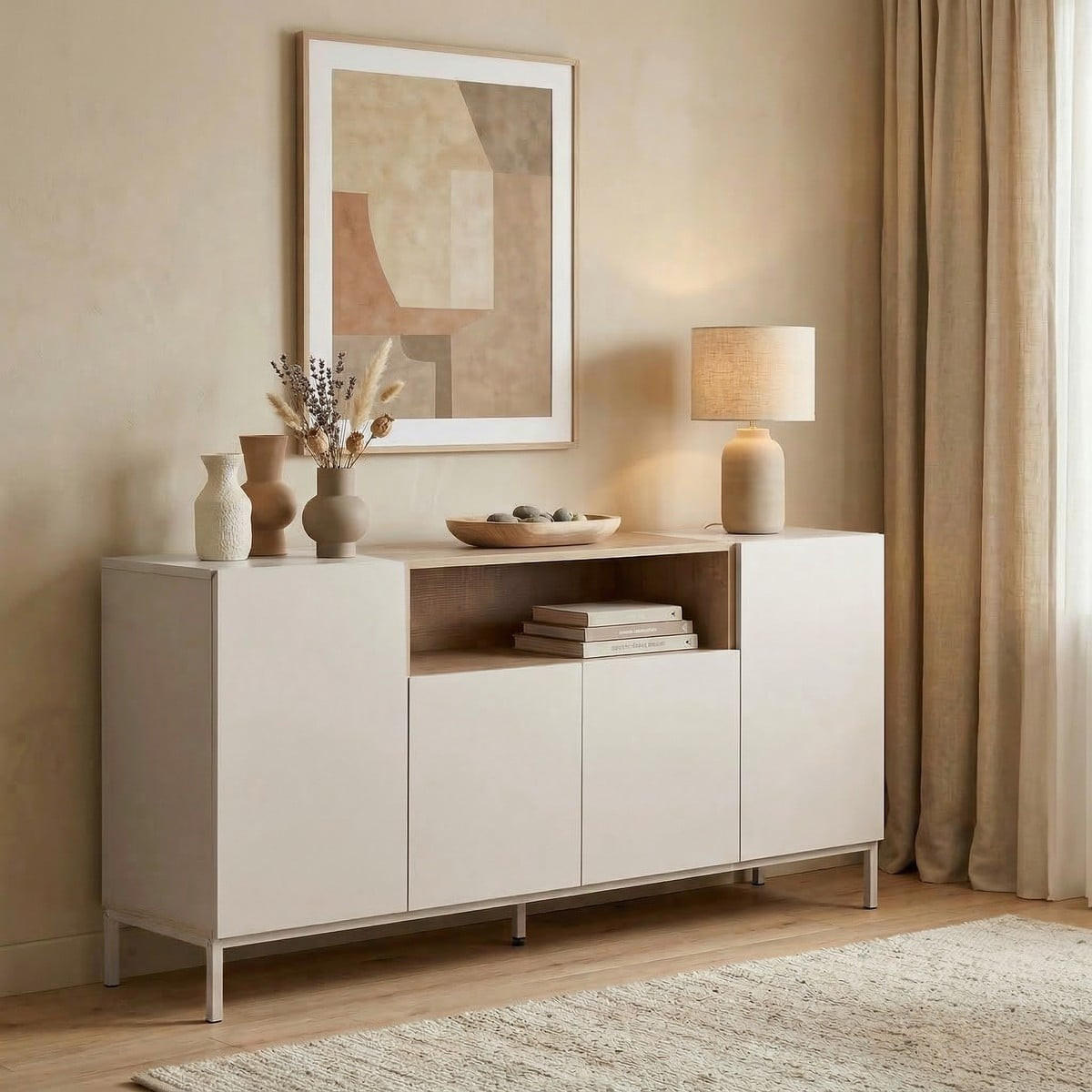 SIDEBOARD mit 4 Türen und 1 Nische, Kaschmir und Holzdekor 160/40/80 cm - Beige, Holzwerkstoff (40/80/41.5cm) - Calicosy
