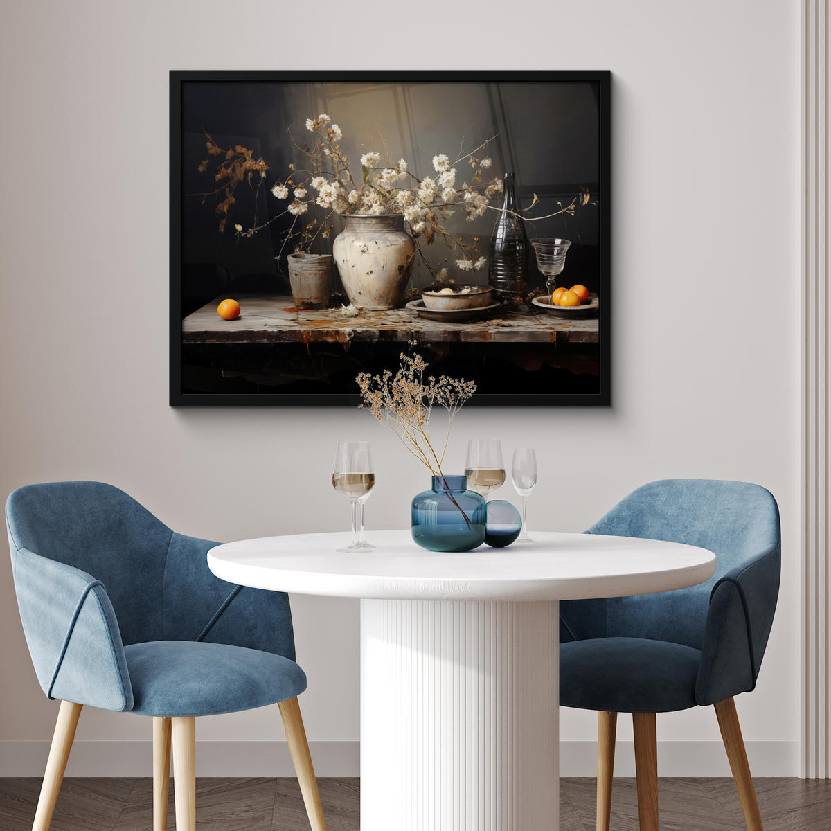 POSTER MIT RAHMEN Stilleben - Blumen - Blumenstrauß - Vase - Wein 80x60 cm - Schwarz, Papier (80/60cm) - MuchoWow