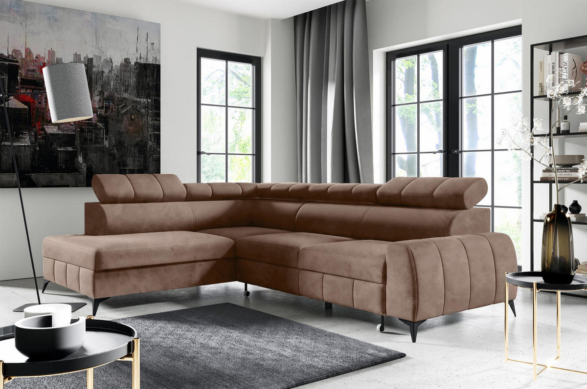 ECKSOFA London Hellbraun Velours - Hellbraun/Schwarz, Textil/Metall (274/203cm) - Selsey